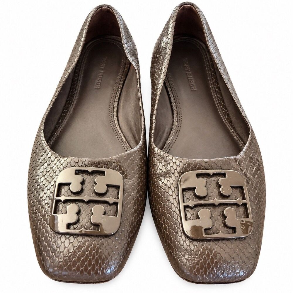 Tory Burch Georgia Ballet Flats Brown Leather Snakeskin Square Toe Shoes Sz 11 M - Picture 2 of 8